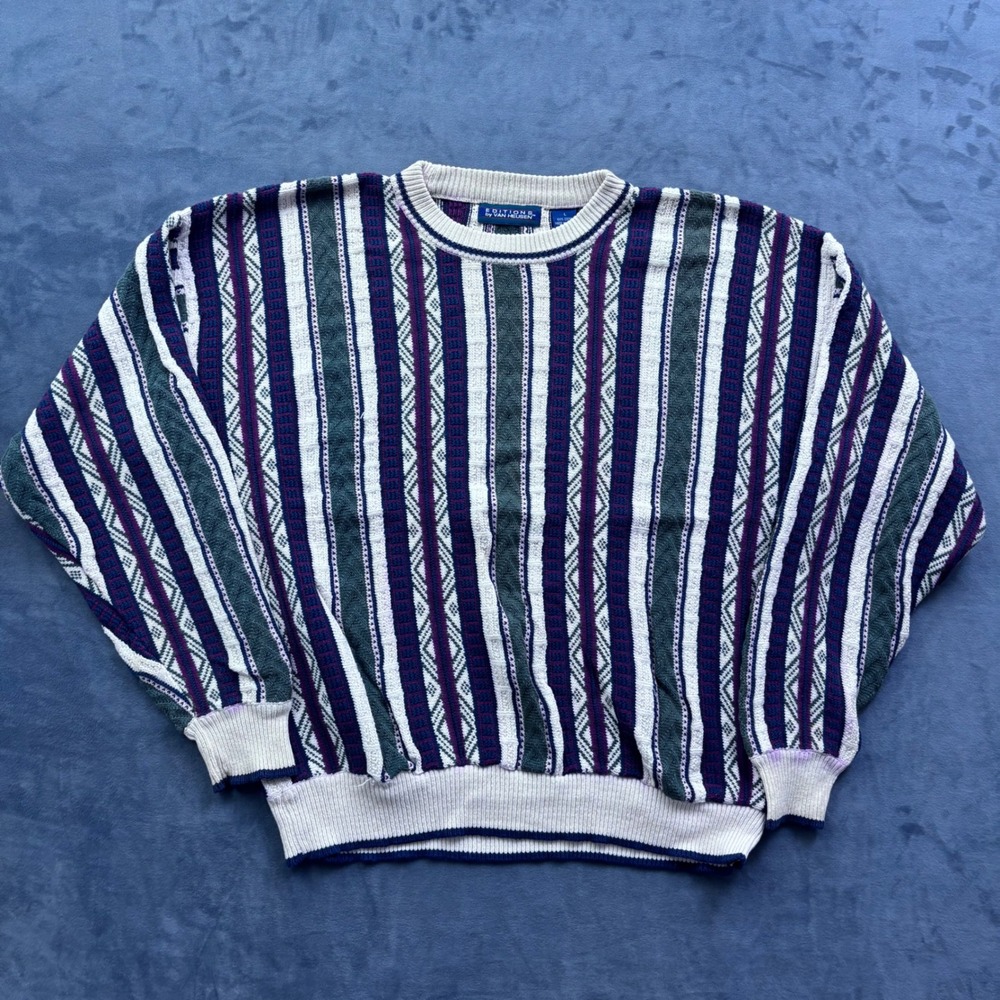 Vintage Editions by Van Heusen Cotton Knit Sweater Large Striped Geometric 90s
